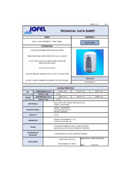 Dozator de sapun lichid, alb 900 ml - JOFEL